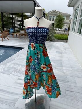 Strapless Navy and Teal Floral Sundress with Smocked Bodice free size Small s21